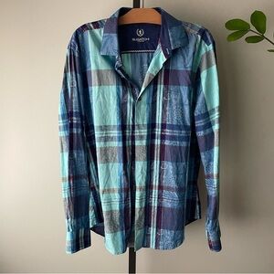 Bugatchi Designer Plaid Dress Shirt Flip Cuff Long Sleeve Button Down Mens
